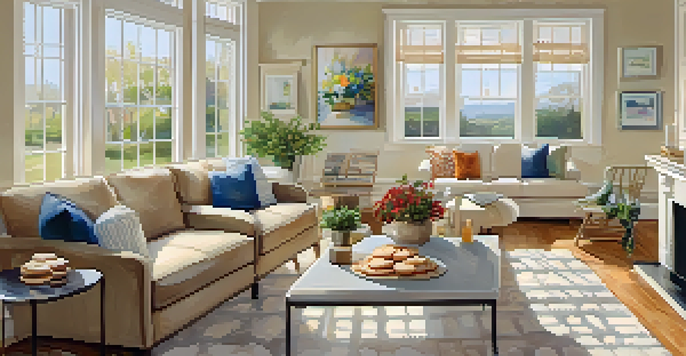 A welcoming living room with natural light, fresh flowers, and baked cookies, creating an inviting atmosphere for an open house.