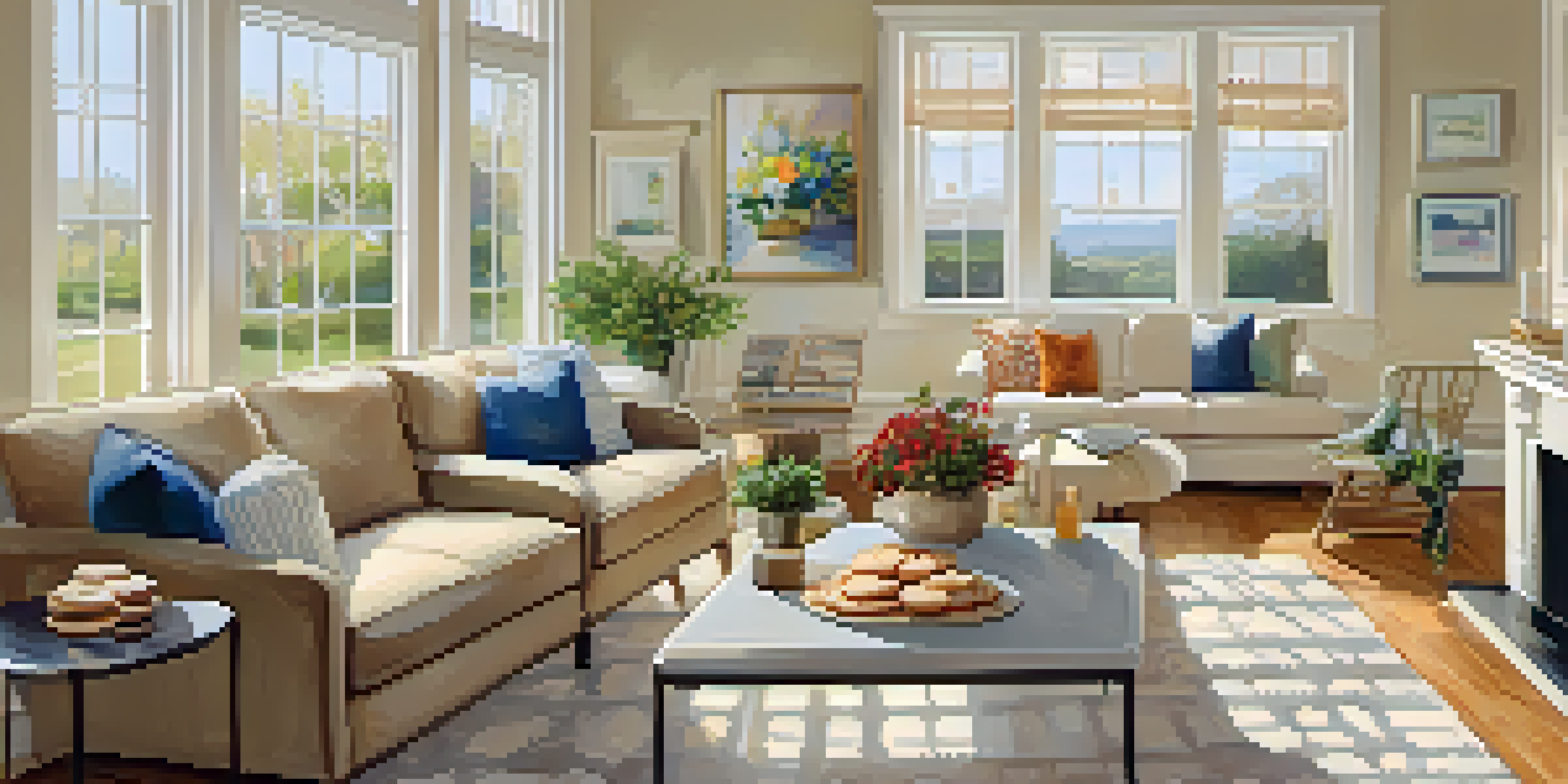 A welcoming living room with natural light, fresh flowers, and baked cookies, creating an inviting atmosphere for an open house.