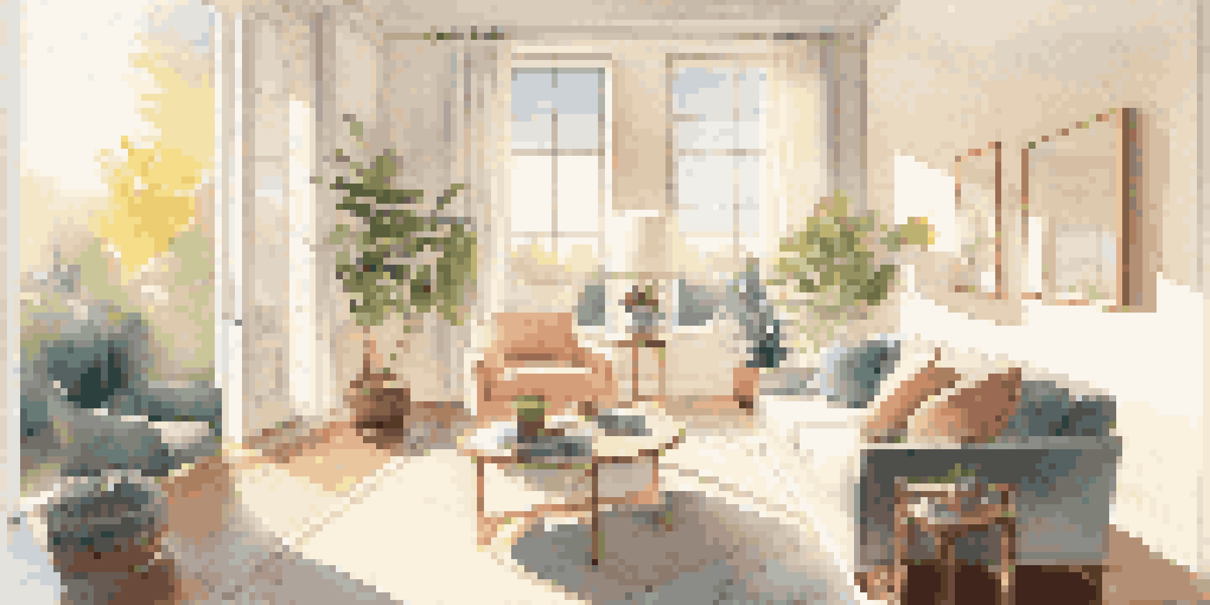 A sunlit living room with large windows, soft white walls, and pastel cushions on a sofa, reflecting light from a round mirror.