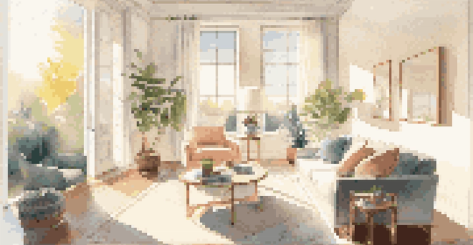 A sunlit living room with large windows, soft white walls, and pastel cushions on a sofa, reflecting light from a round mirror.