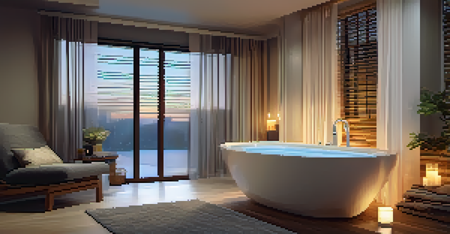 A cozy smart bathtub with integrated jets and candles, surrounded by wooden accents and soft towels, in a spa-like bathroom atmosphere.