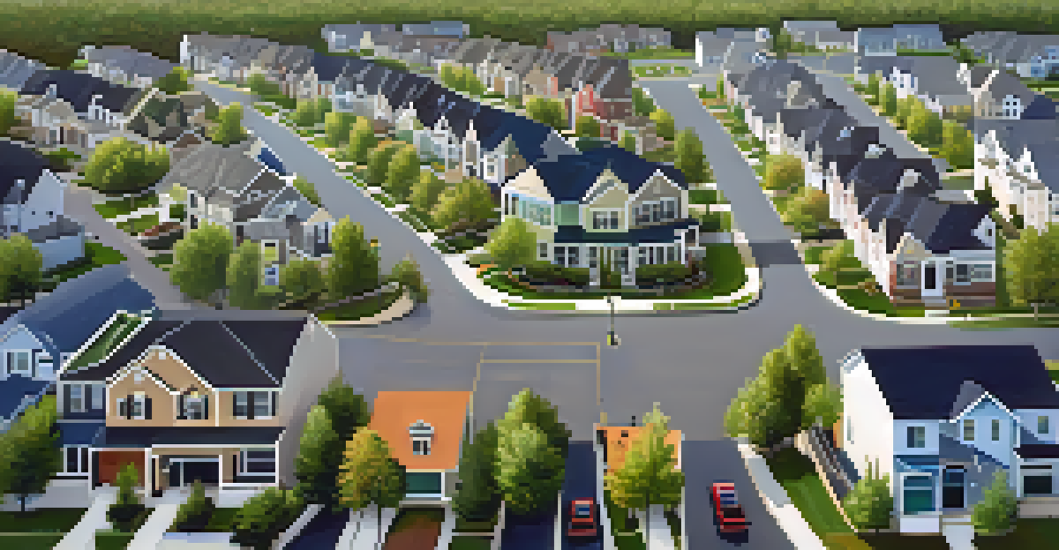 An aerial view of a vibrant suburban neighborhood with various homes and children playing.