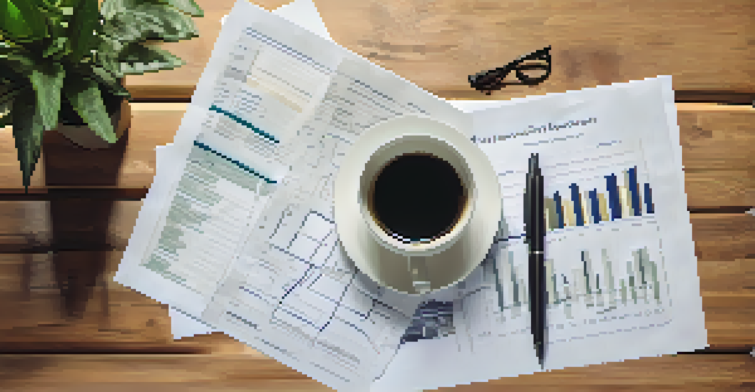 A close-up of a home inspection report on a wooden table, featuring diagrams and notes, with a pen, coffee cup, and a plant nearby.