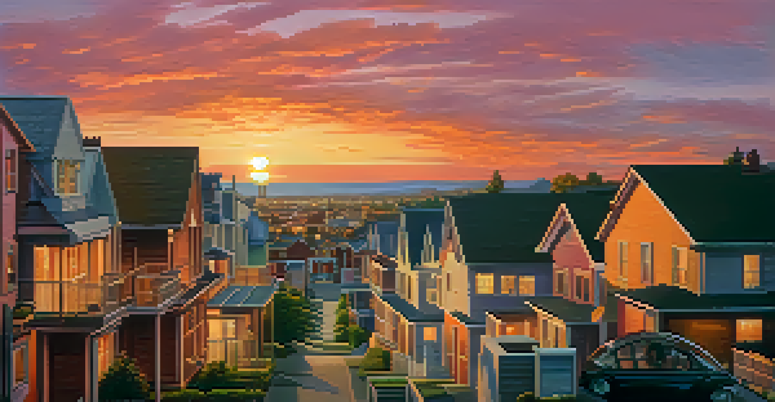 A landscape showing different types of real estate properties under a colorful sunset.