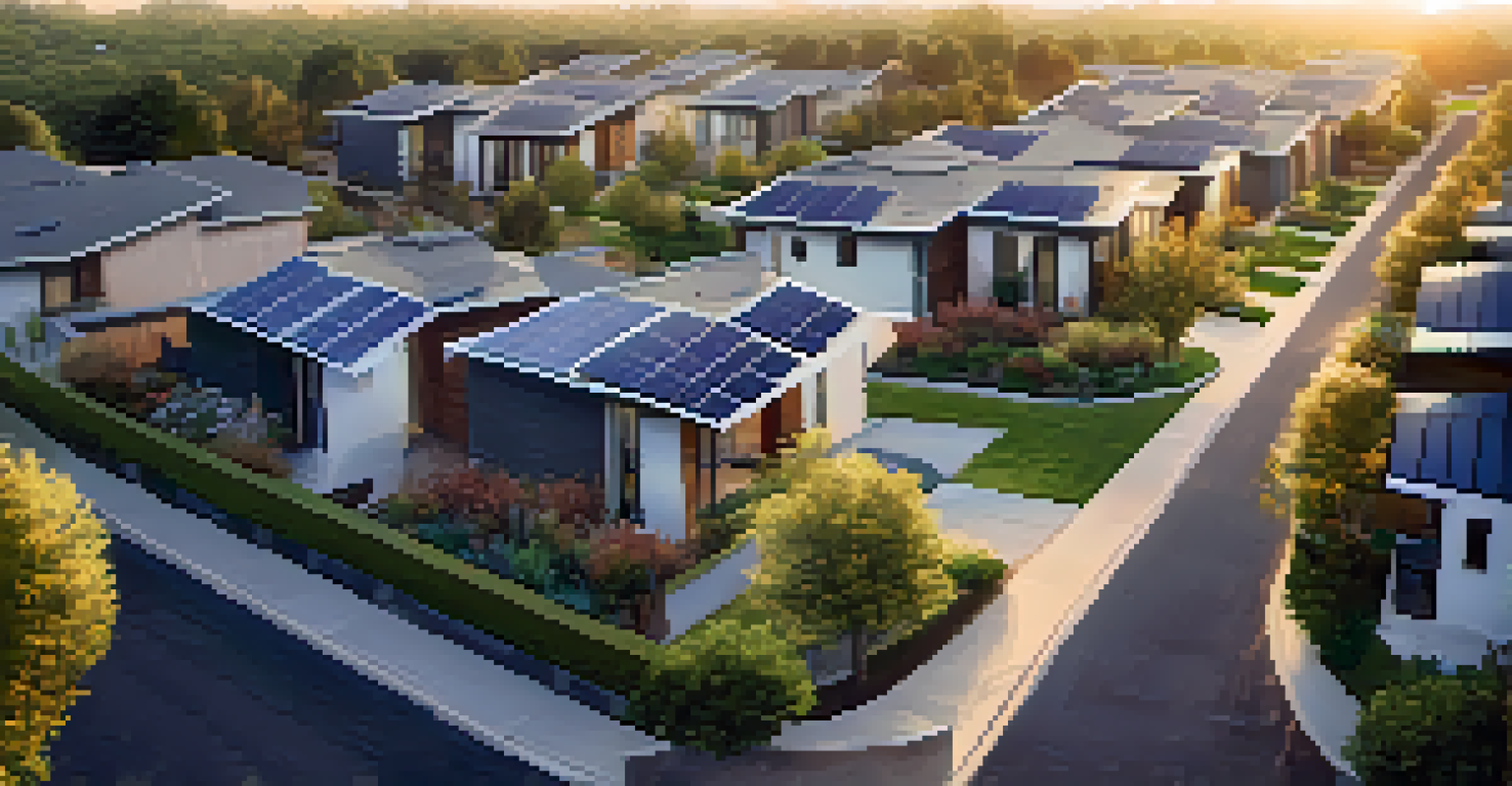 An aerial view of a sustainable neighborhood with modern homes and green spaces during sunset.
