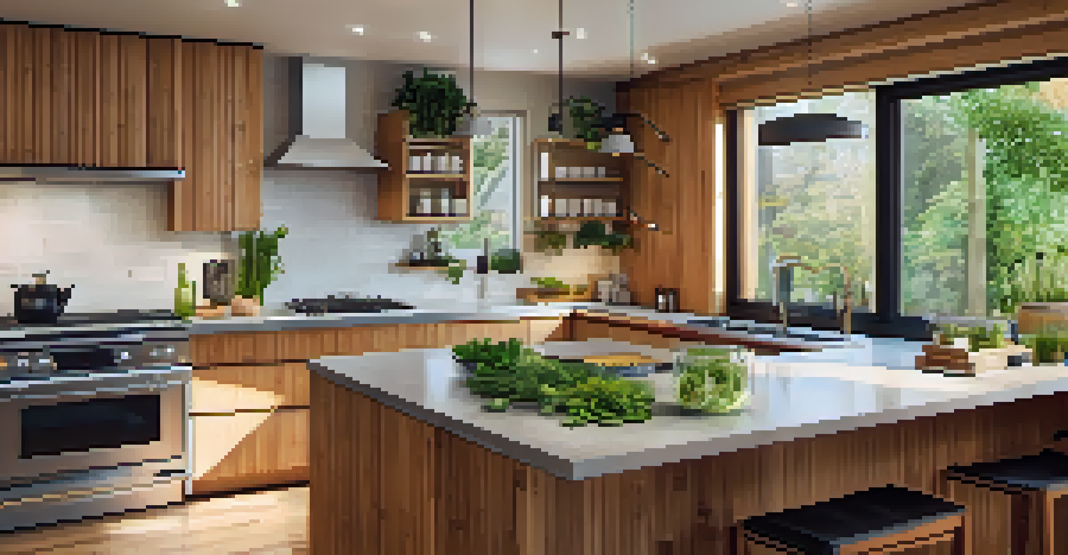 A modern kitchen with bamboo cabinets, recycled glass countertops, and energy-efficient appliances, illuminated by warm lighting.