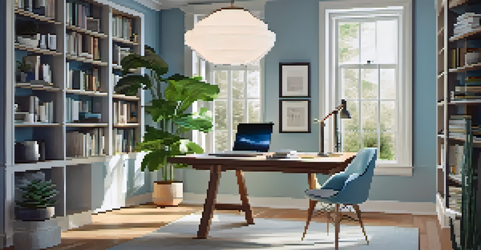 A modern home office with a desk, laptop, plants, and bookshelves, illuminated by natural light.