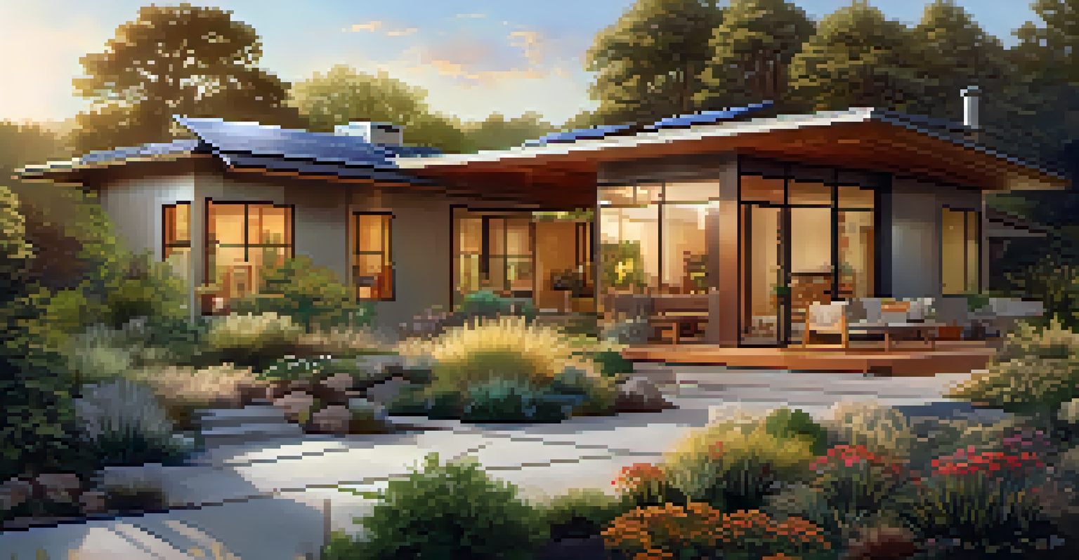 A modern home with solar panels and a landscaped garden featuring native plants, illuminated by the warm light of the afternoon sun.