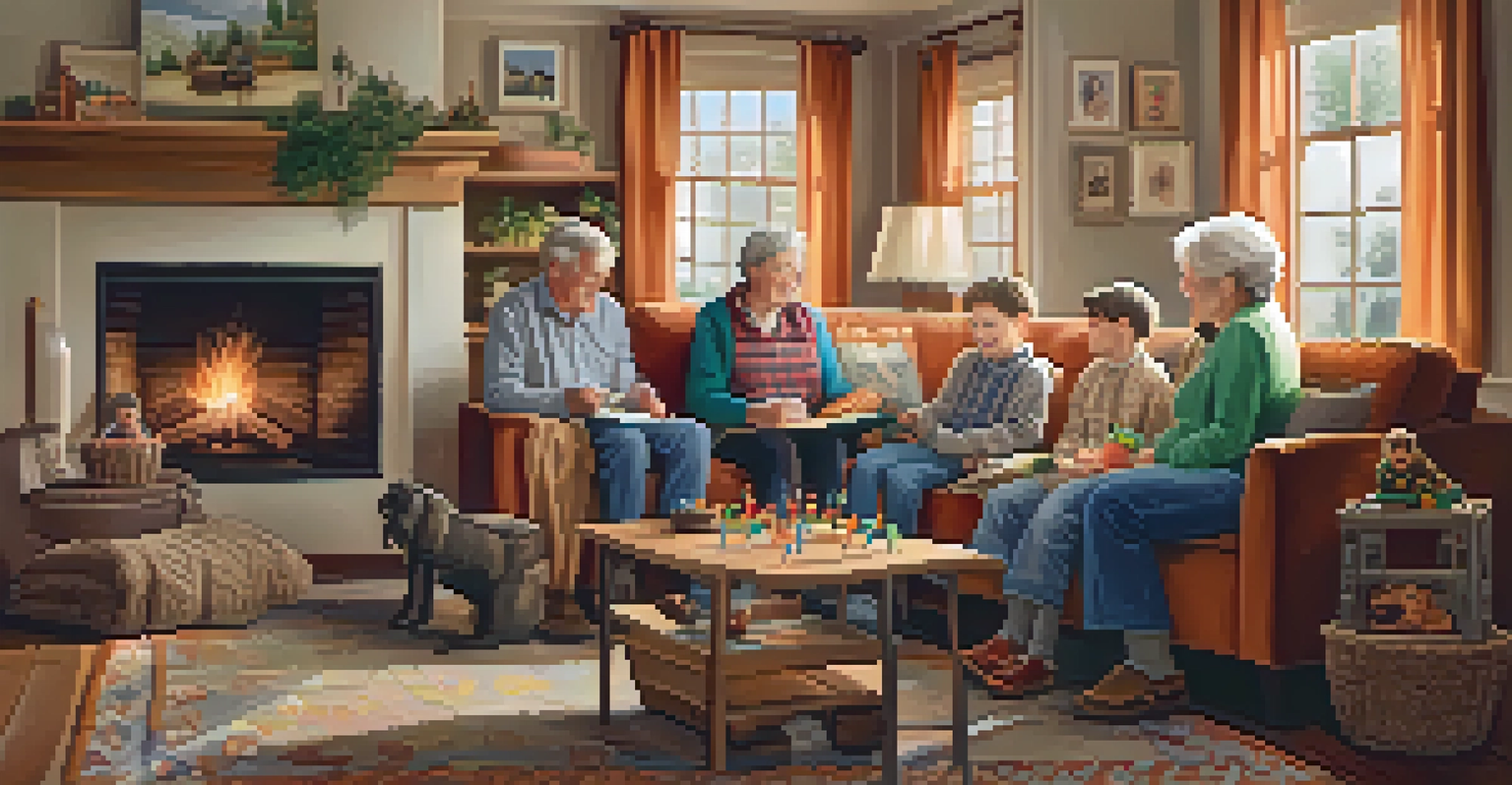 A multi-generational family engaging in activities together in a cozy living room, with grandparents telling stories and children playing.