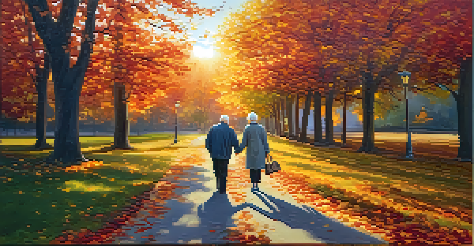 A senior couple walking hand in hand in a colorful autumn park.