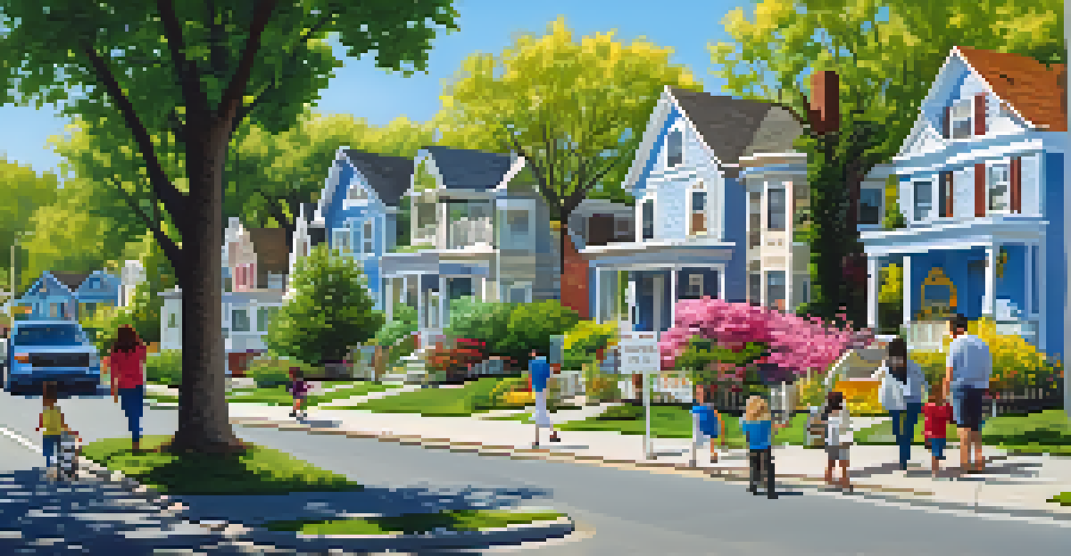 A neighborhood with houses for sale, featuring 'For Sale' signs and a real estate agent interacting with families.