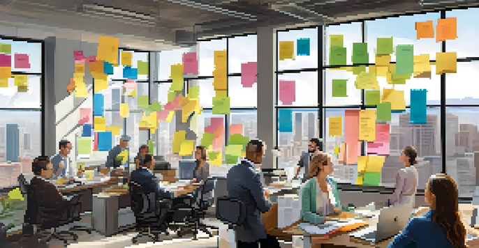 A vibrant real estate office scene with agents discussing and analyzing properties on a map.