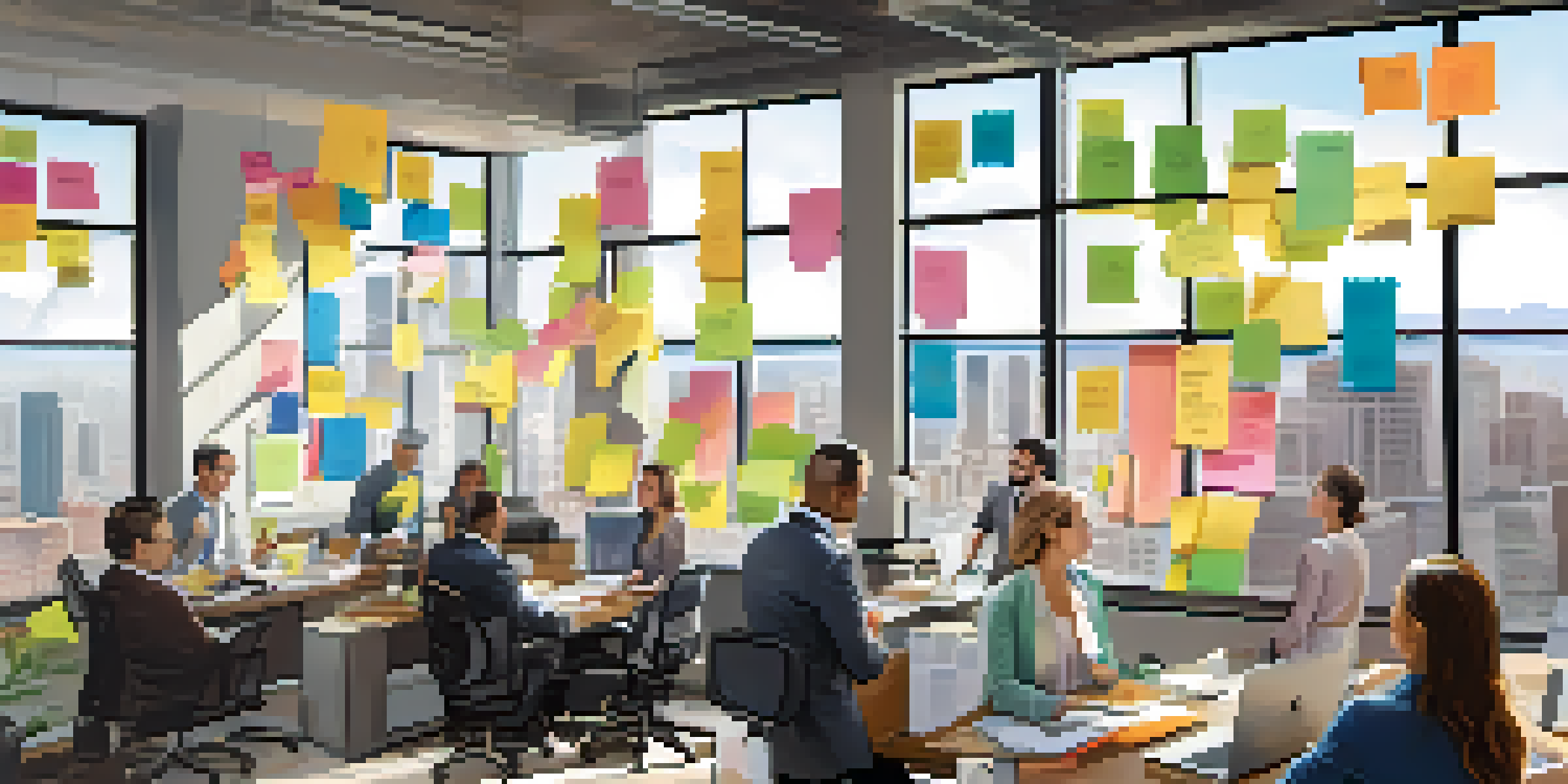 A vibrant real estate office scene with agents discussing and analyzing properties on a map.