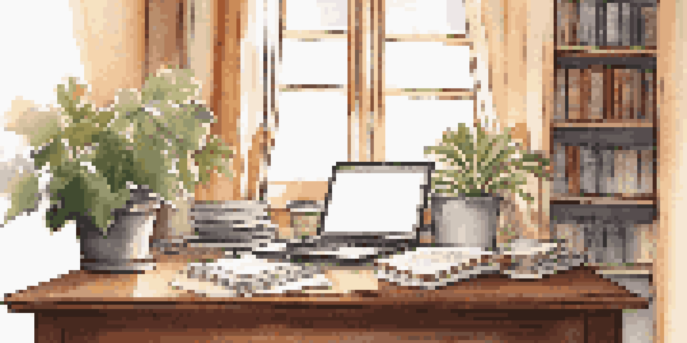 An organized office desk with a laptop, notepad, pen, and coffee cup, illuminated by warm sunlight, with a bookshelf and potted plant in the background.