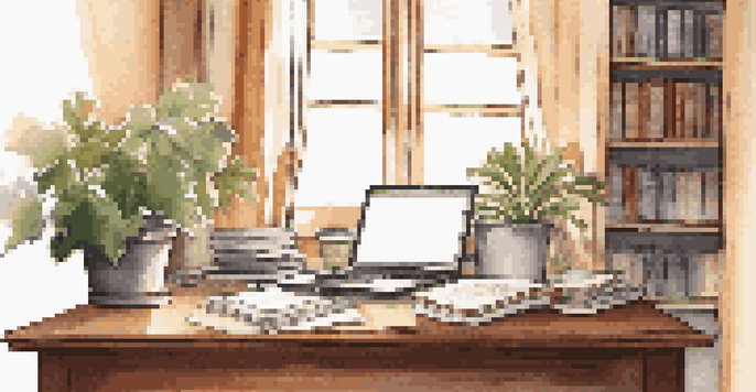 An organized office desk with a laptop, notepad, pen, and coffee cup, illuminated by warm sunlight, with a bookshelf and potted plant in the background.