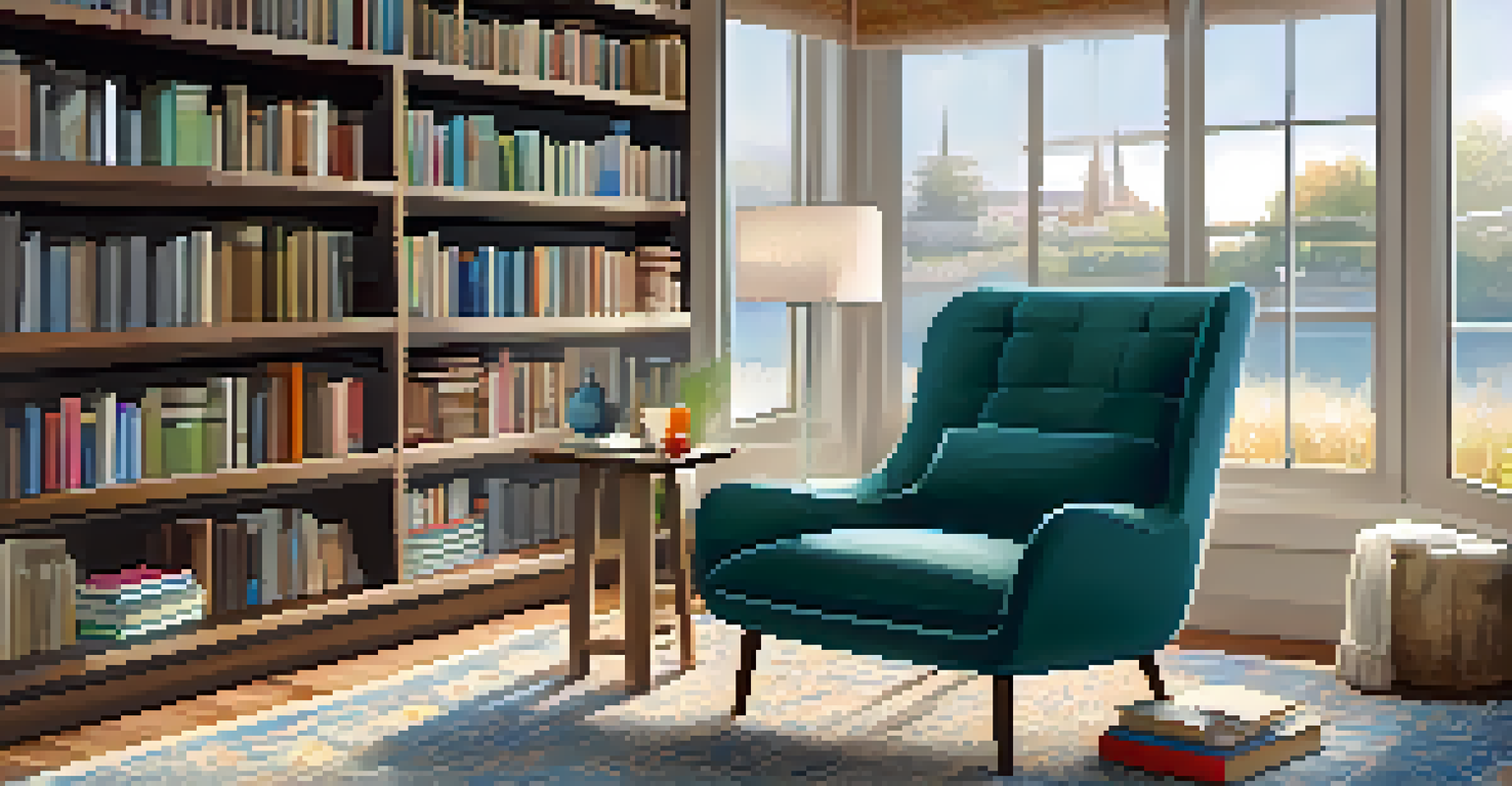 A serene reading nook in an open floor plan, featuring a plush armchair with a throw blanket, a small side table, and a bookshelf filled with colorful books.