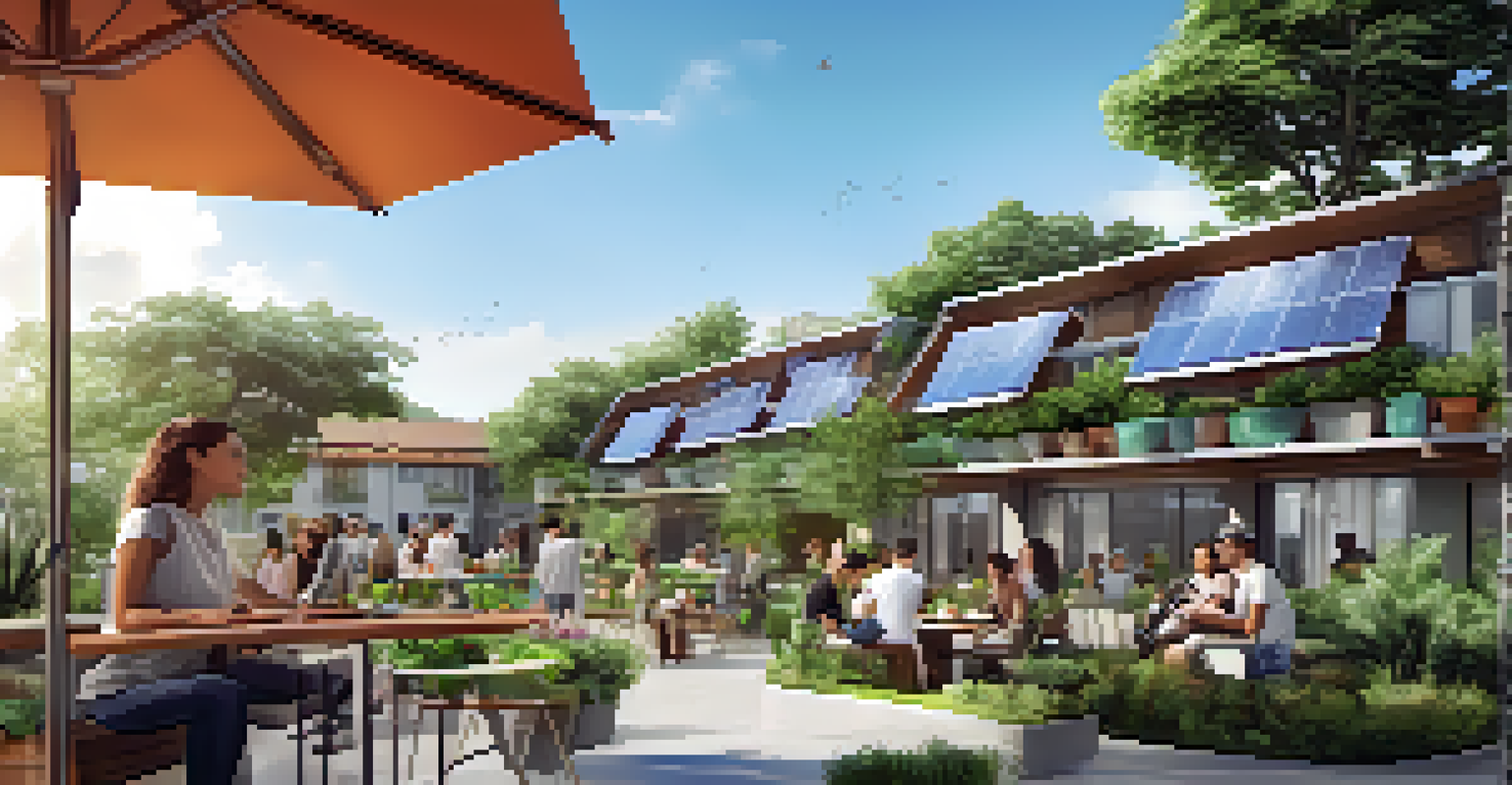 An eco-friendly apartment complex with solar panels, surrounded by greenery and people enjoying outdoor spaces.