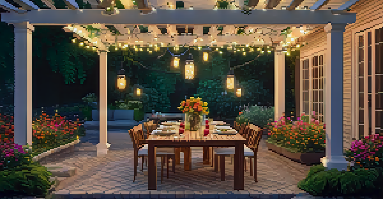 A charming outdoor patio with a dining set and pergola, surrounded by greenery and flowers, illuminated by string lights.