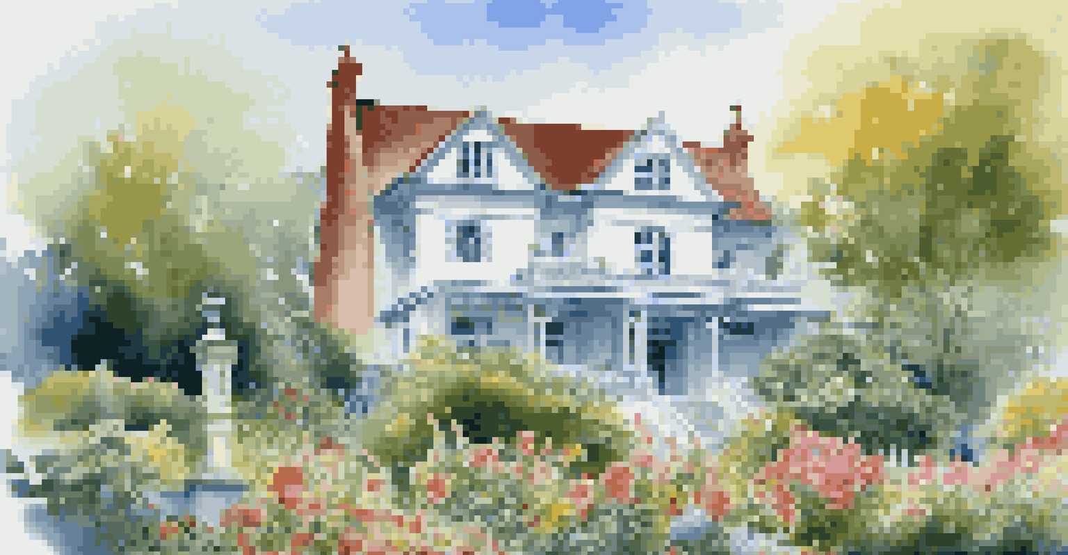 An outdoor view of a house under renovation with scaffolding and a blooming garden.