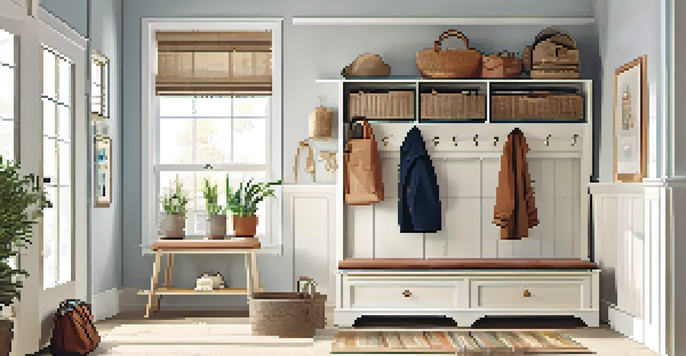 An organized entryway with a shoe rack, colorful baskets, a coat rack, a decorative mirror, and a potted plant, all bathed in natural light.