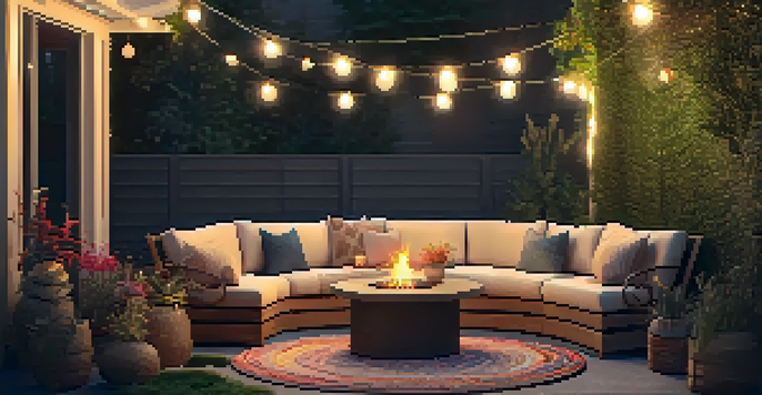A warm and inviting outdoor seating area with a fire pit, surrounded by greenery and decorative string lights.