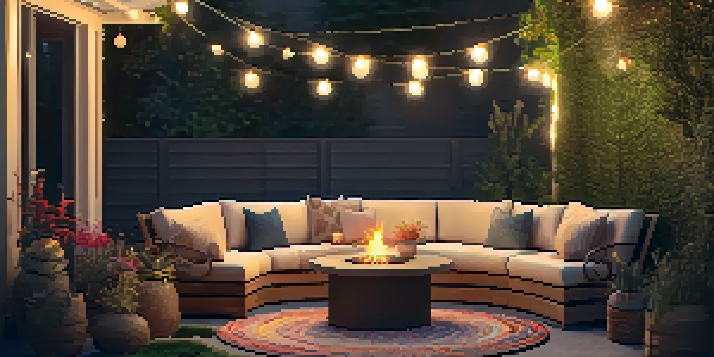A warm and inviting outdoor seating area with a fire pit, surrounded by greenery and decorative string lights.