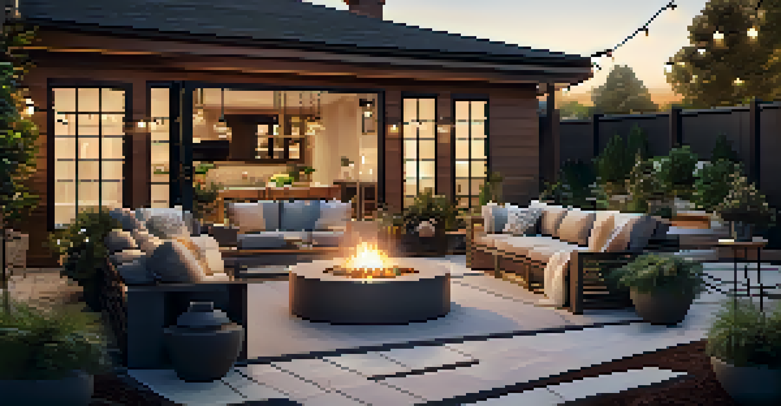 A cozy outdoor patio with seating, plants, and a fire pit at sunset.