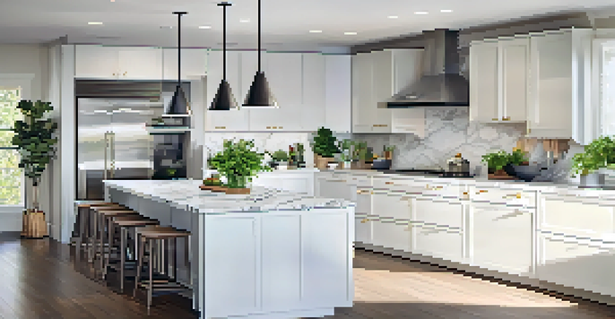A spacious modern kitchen with stainless steel appliances, marble countertops, and bright white cabinets, filled with natural light.