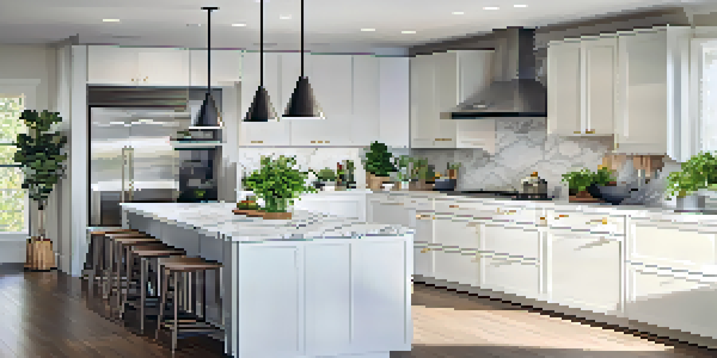 A spacious modern kitchen with stainless steel appliances, marble countertops, and bright white cabinets, filled with natural light.