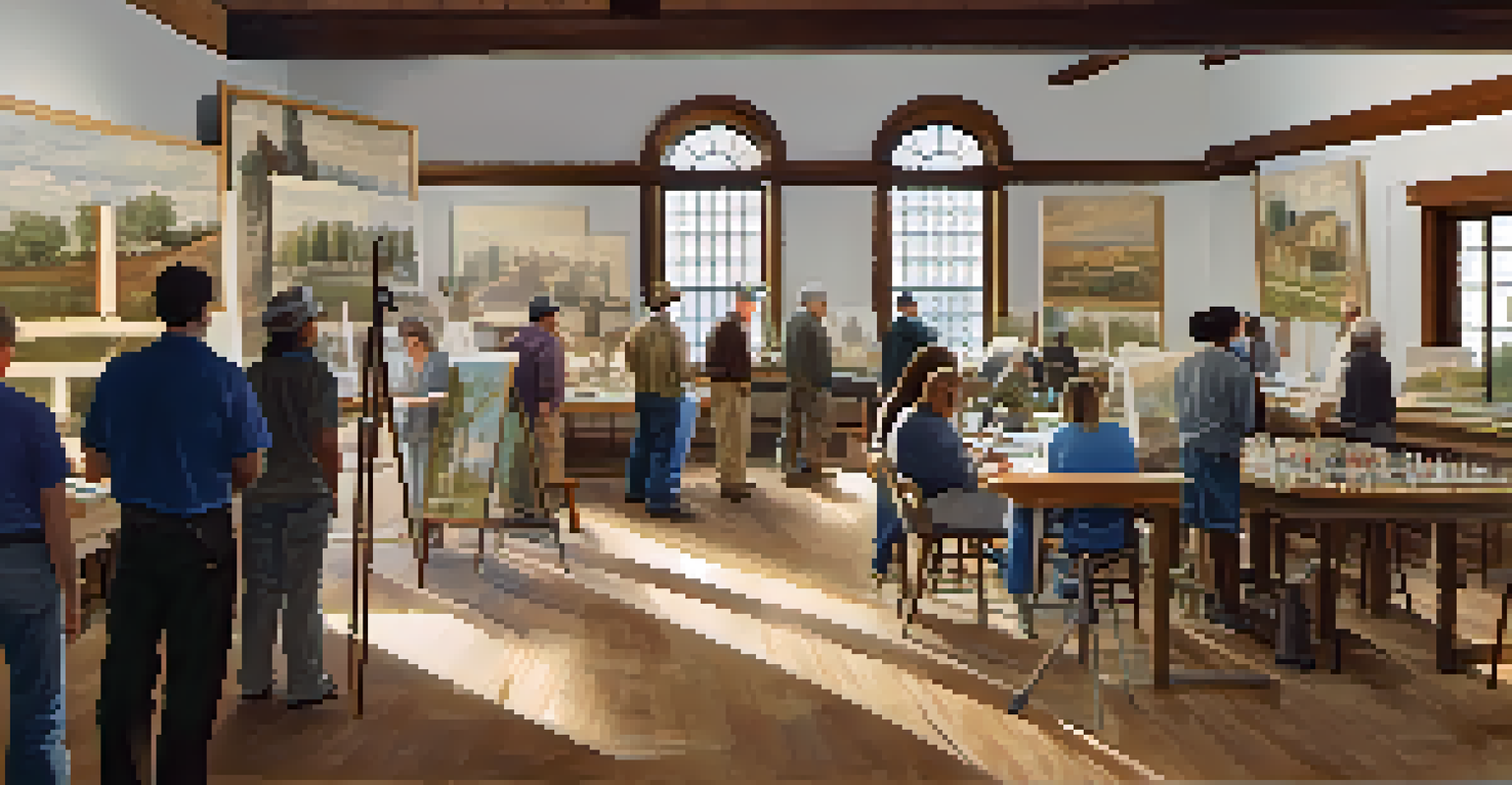 A community workshop on historic preservation, with participants engaged in restoration activities and discussions.