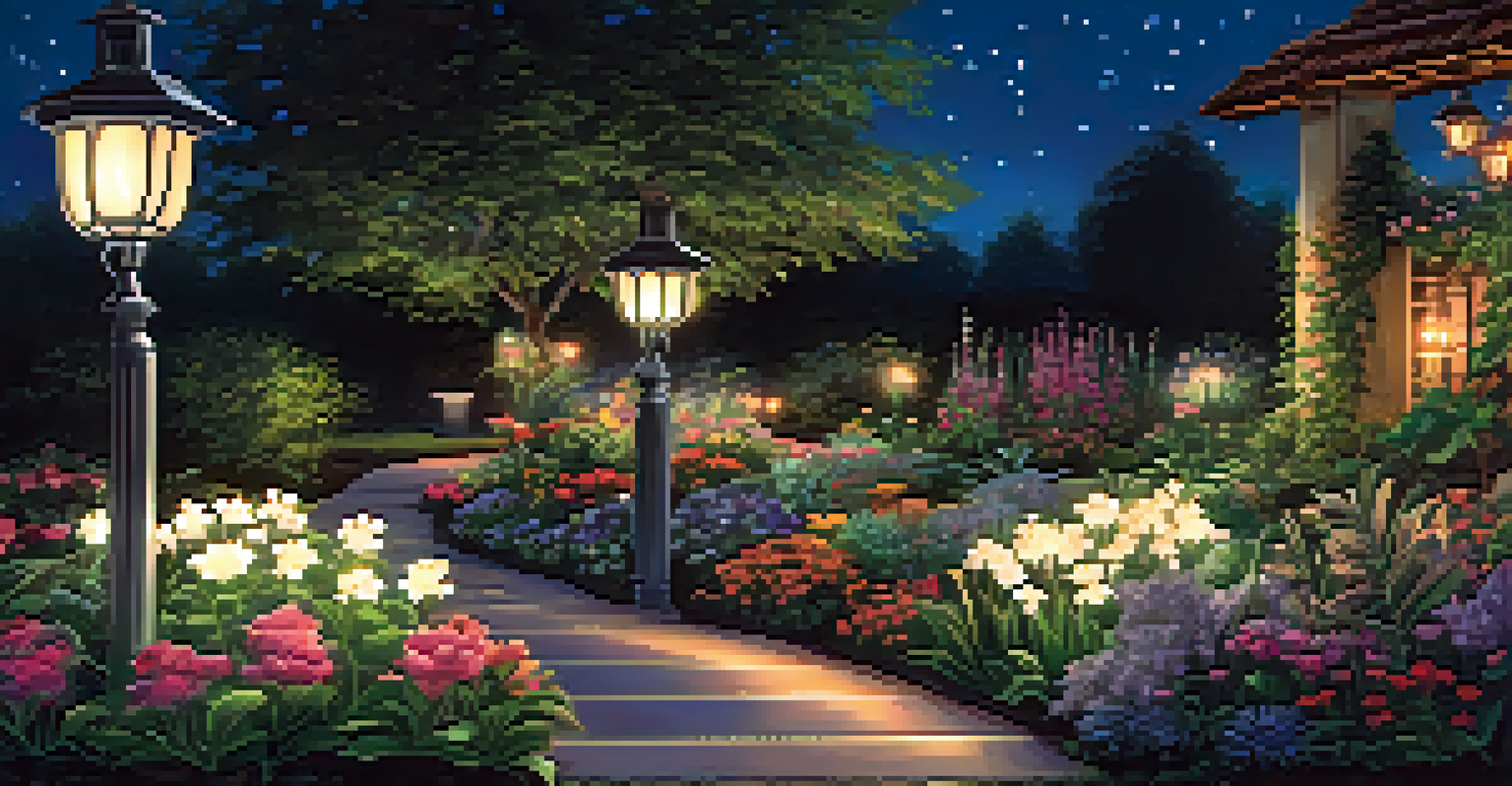 A garden pathway at night, lit by glowing solar lanterns, adorned with flowers and a fountain, under a starry sky.