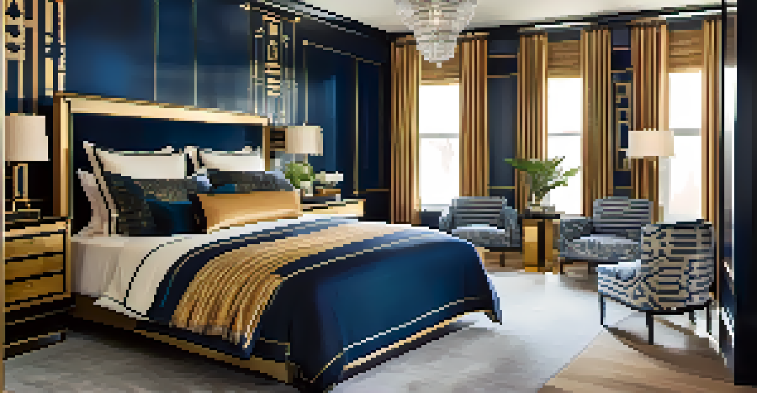 A stylish bedroom with Art Deco elements, featuring a plush bed and geometric decor.