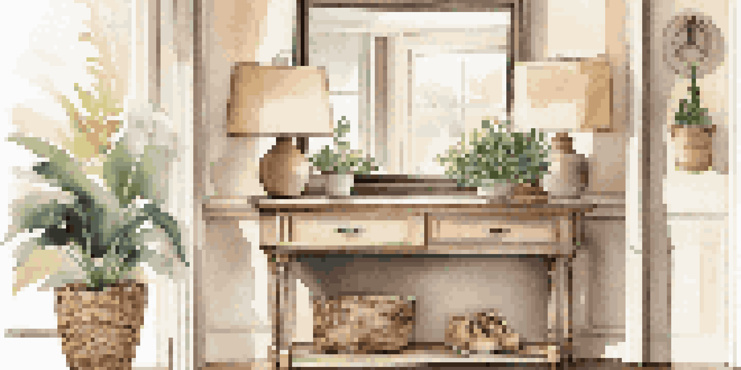 A cozy entryway featuring a console table, a large mirror, and a potted plant, with sunlight filtering through a window.