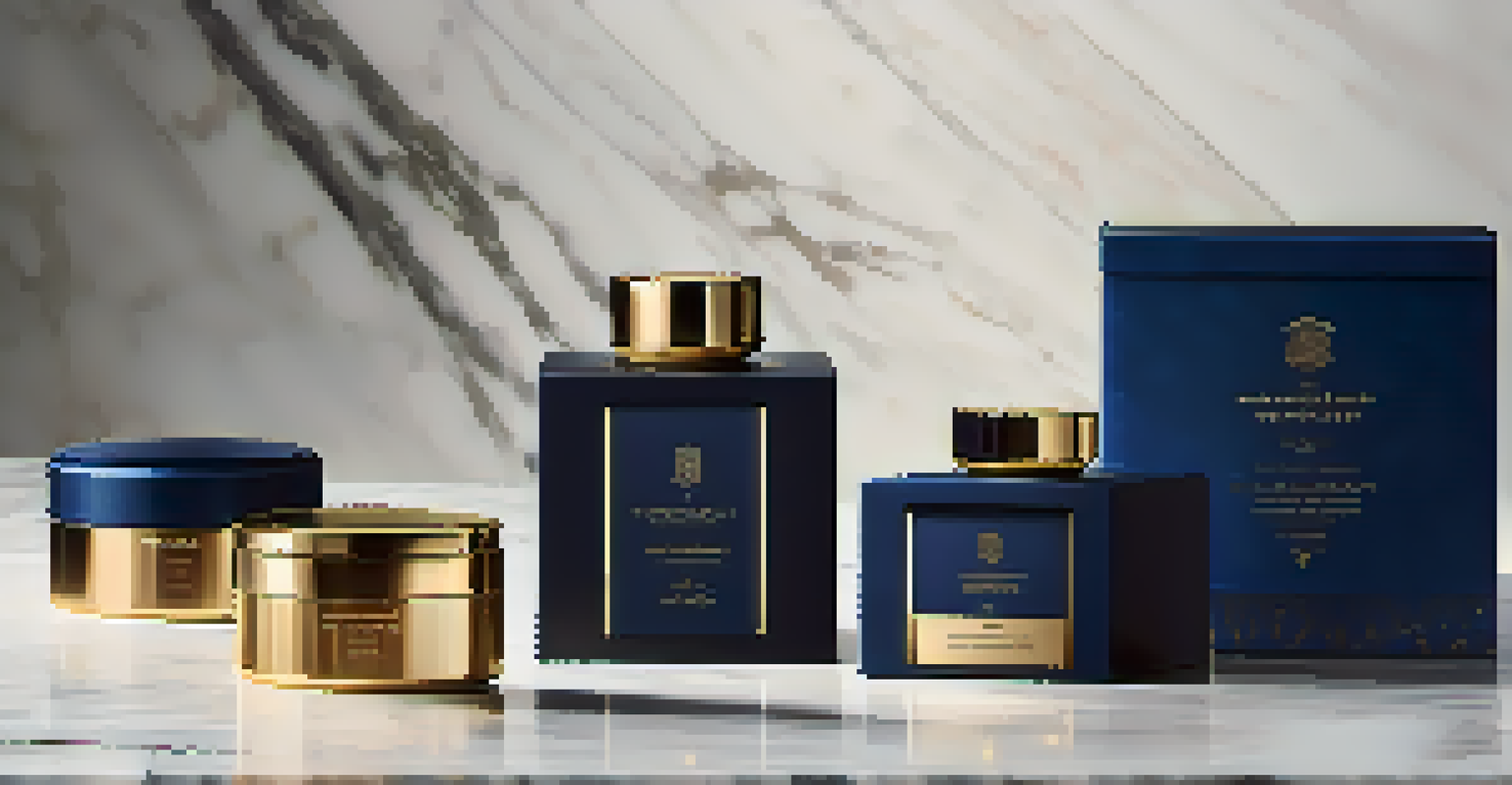 Luxury product packaging displayed on a marble surface with modern designs in blue and gold.