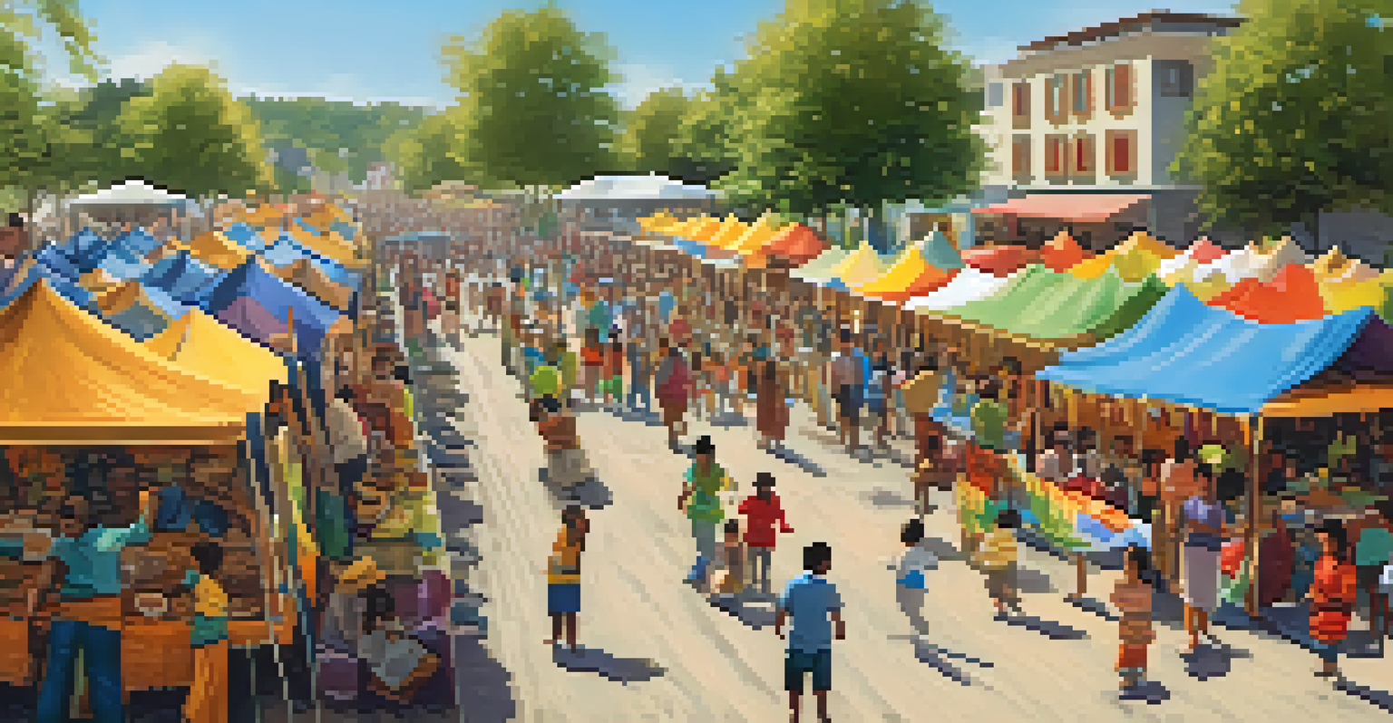 A lively outdoor community event showcasing families from diverse backgrounds engaged in cultural exchange activities.