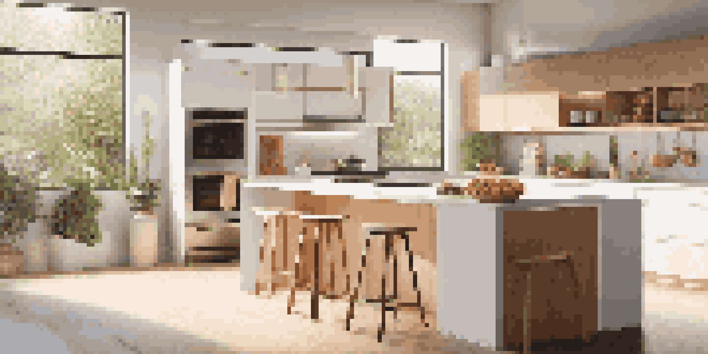 A contemporary kitchen with smart appliances and natural lighting, highlighting a stylish design and a central island.