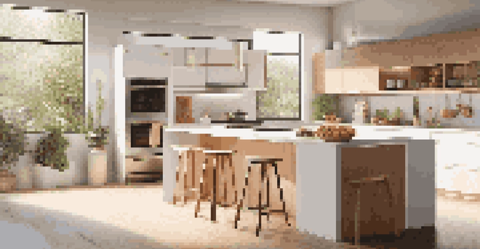 A contemporary kitchen with smart appliances and natural lighting, highlighting a stylish design and a central island.