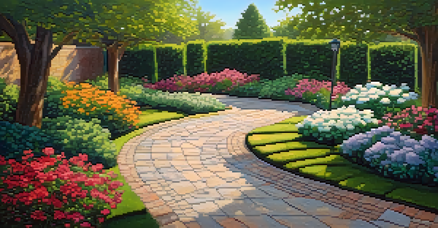 A garden pathway with permeable pavers, surrounded by flowers and shrubs, reflecting the blue sky after rain.