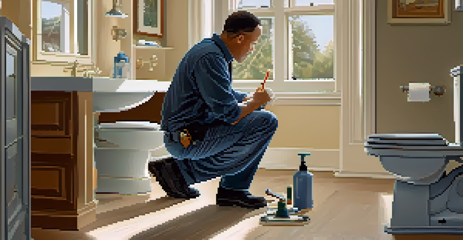 A home inspector checking plumbing under a bathroom sink with tools beside him, in a well-lit modern bathroom.
