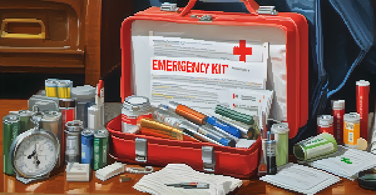 A well-organized emergency kit on a table, showcasing essential supplies for emergency preparedness.
