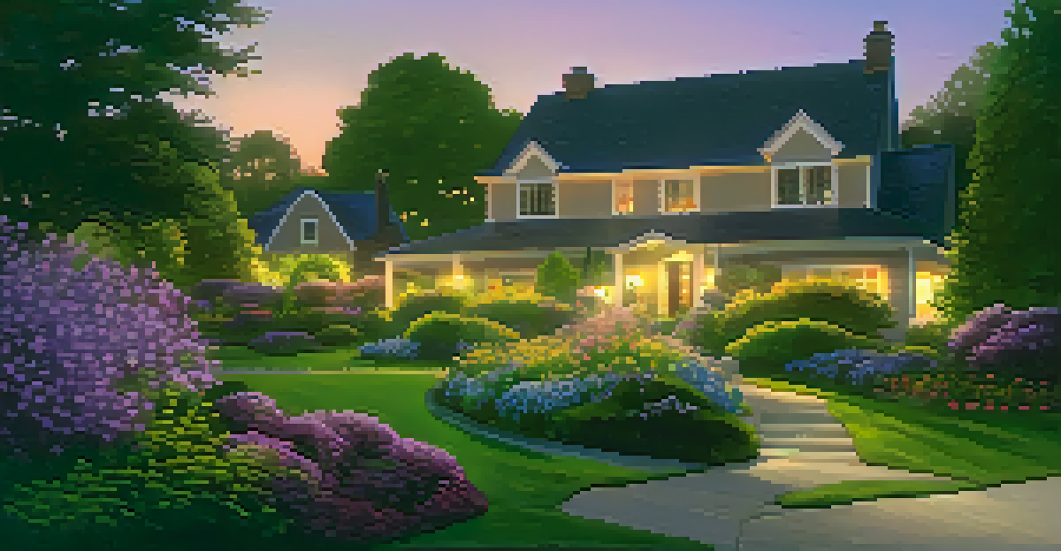 A serene garden at dusk with smart outdoor lighting, showcasing a beautiful landscape and a smart security camera.