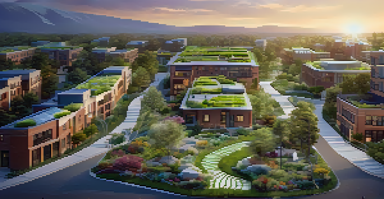 Aerial view of a sustainable urban neighborhood with green roofs, solar panels, and community gardens during sunset.