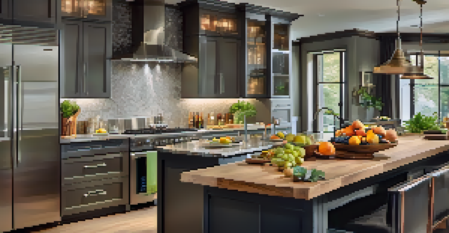 A stylish kitchen with polished countertops, high-end appliances, and warm lighting, featuring a digital tablet with a virtual tour display.