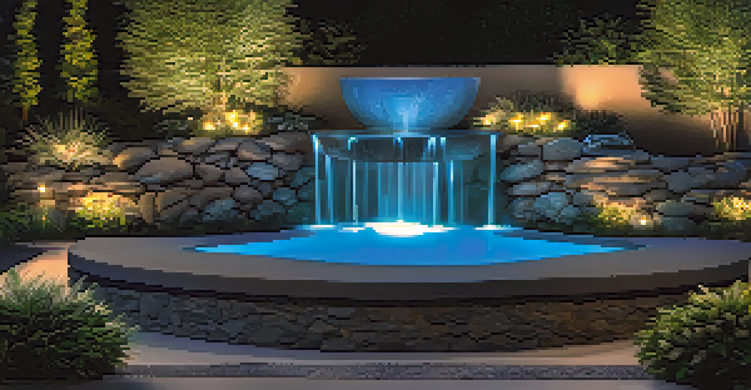 A beautiful water feature at night with soft blue lights, surrounded by illuminated rocks and trees creating a magical atmosphere.