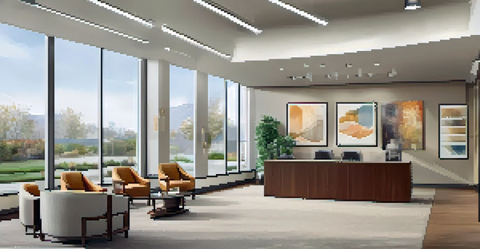 A contemporary real estate office with a welcoming reception area, large windows, and framed property listings on the wall.
