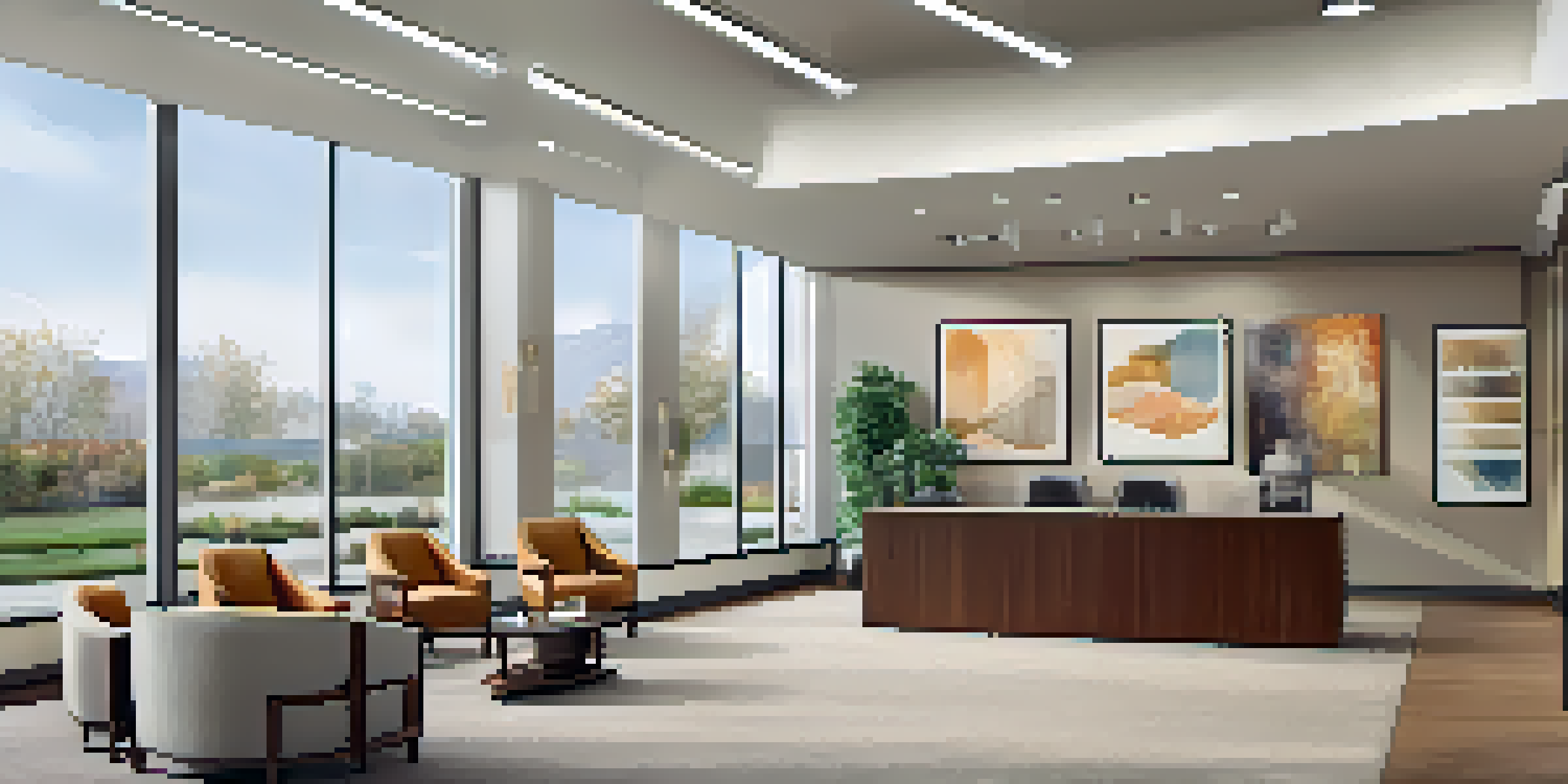 A contemporary real estate office with a welcoming reception area, large windows, and framed property listings on the wall.