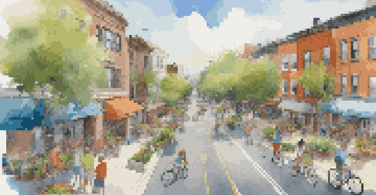 An aerial view of a vibrant neighborhood with bike lanes, shops, and parks filled with people enjoying the day.