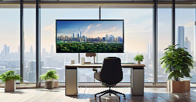 A contemporary office with technology for property valuation, including data analytics on a screen, a virtual reality headset, and a city skyline view.