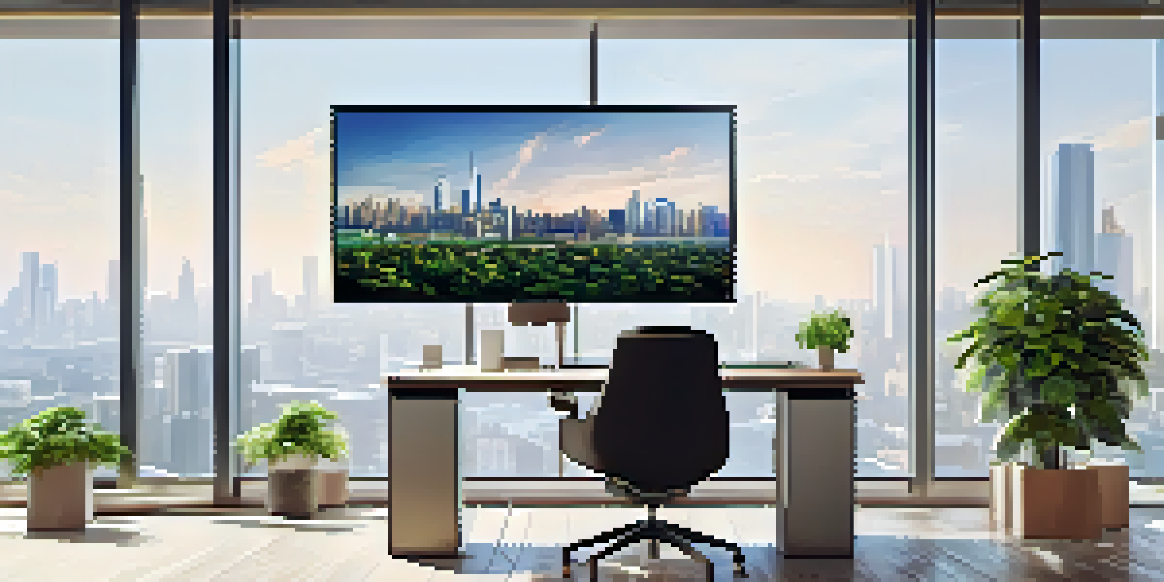 A contemporary office with technology for property valuation, including data analytics on a screen, a virtual reality headset, and a city skyline view.