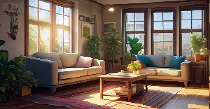 A warm and inviting living room with a table displaying a friendly message about rent payments, surrounded by plants and soft cushions.